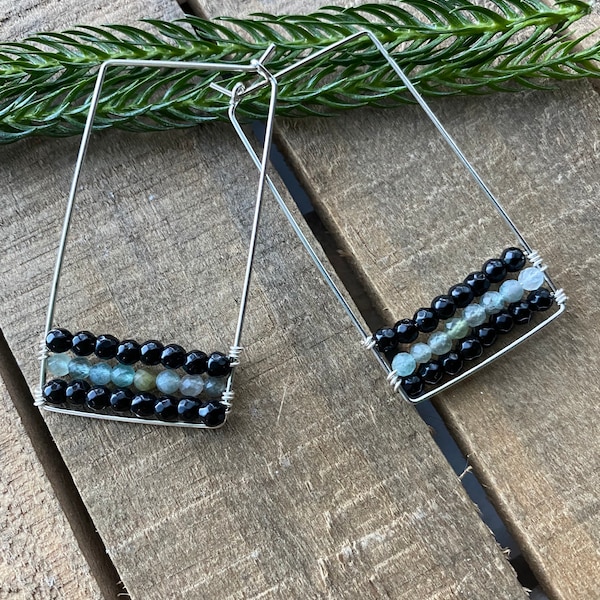 Sterling silver earrings, rectangle earrings, wire wrap earrings, beaded earrings, boho earrings, onyx and apatite stone earrings, geometric