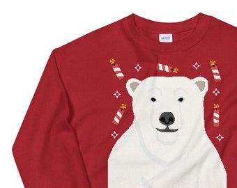 red hoodie with polar bear on back