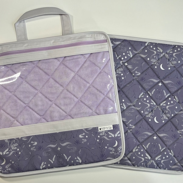 Arctic Adventures (Icy Purple) vinyl front, quilted cross stitch project bag, fits 11” Q snaps