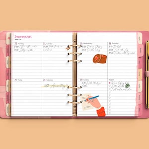Pasta de argolas DIY planejador digital com caneta, bolsos, zíperes, inserções, abas divisórias, porta-canetas