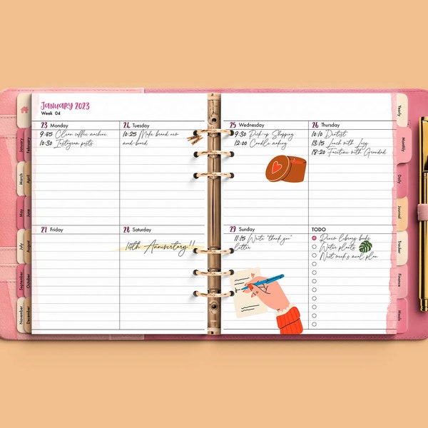 Ring Binder DIY Digital Planner with Pen, Pockets, Zips, Inserts, Divider Tabs, Pen Holder