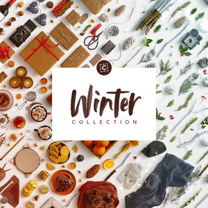 May include: A flat lay image of a winter themed collection of items. The image features a variety of items, including candles, ornaments, gifts, and food. The text "Winter Collection" is written in the centre of the image.