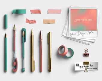 Marina Pens & Washi Tape Editable Objects Pack, Modern Stationery Props for Digital Planner Creators, Premium Aesthetic Flatlays, Desk