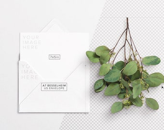 Eucalyptus Card Mockup: 7x5 Invitation, A7 Envelope (PSDT)