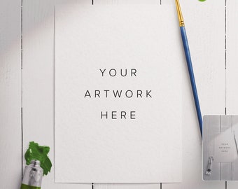 5x7 Watercolor Paper Art Scene Mockup with Brush and Paint