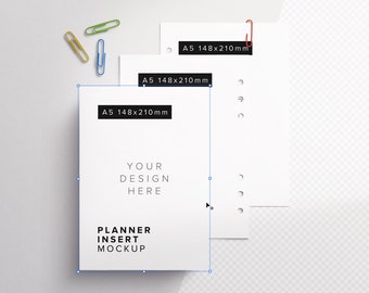 Planner Inserts, A5 Size Mockup, Letter and paperclip mockup, moveable items, editable background