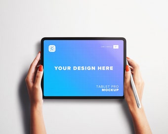 11 inch Tablet Pro Mockup: Hands Holding Pencil (PSD, Procreate)