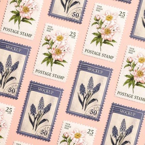May include: A pattern of postage stamps with floral illustrations. Some stamps feature pink and white flowers, while others display blue flowers. The stamps are framed in a blue border and set against a light pink background.