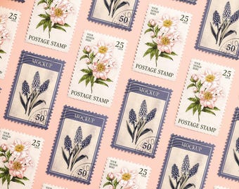 Editable Postage Stamp Mockup, Diagonal Grid Pattern, Realistic Photoshop PSD, Movable Stamps, Wedding Invitation & Logo Branding Preview
