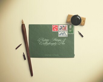High-Resolution Envelope, Customizable Stationery Design with Movable Calligraphy Pen and Postage Stamps, Perfect for Wedding Invitations