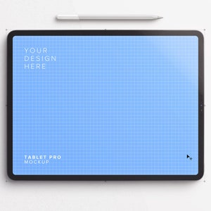 May include: A black tablet computer with a blue grid pattern on the screen. The text "YOUR DESIGN HERE" and "TABLET PRO MOCKUP" is displayed on the screen.