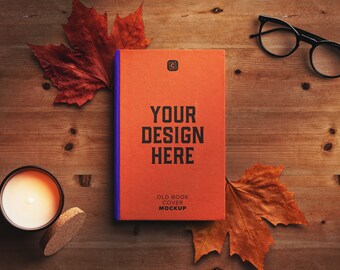 Vintage Book Cover Mockup: Autumn Leaves & Candle (PSD)