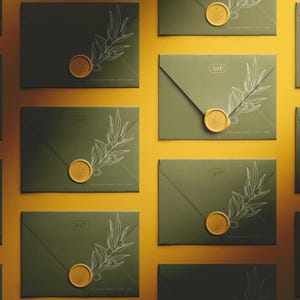 May include: Olive green envelopes with a gold wax seal and a white botanical illustration. The envelopes are arranged on a yellow background. Each envelope has the initials "A&P" printed on it.