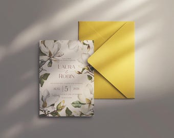 Professional 5x7 Invitation Mockup with Open Envelope, Luxury Stationery Design Template, Editable Print and Foil Effects
