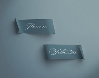 Elegant Wedding Place Card Mockup, Curled Calligraphy Card Design, Stationery Presentation Template, Photoshop Compatible, Realistic Shadows