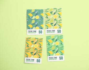 High-Resolution Postage Stamps Mockup, Photoshop Compatible, Customizable Stationery Presentation, Wedding Invitation, Branding Logo Display