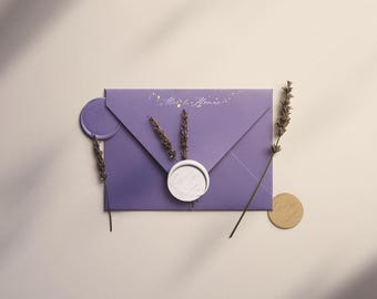 High-Resolution Lavender & Wax Seal Envelope Mockup - Ideal for Wedding, Floral Branding, Calligraphy - Editable, Realistic Design Template