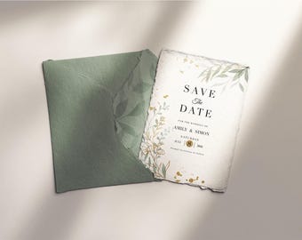 5x7in Rustic Wedding Invitation Mockup, Handmade Paper and Torn Envelope Design, Artisanal Stationery Showcase, For Calligraphy Portfolios