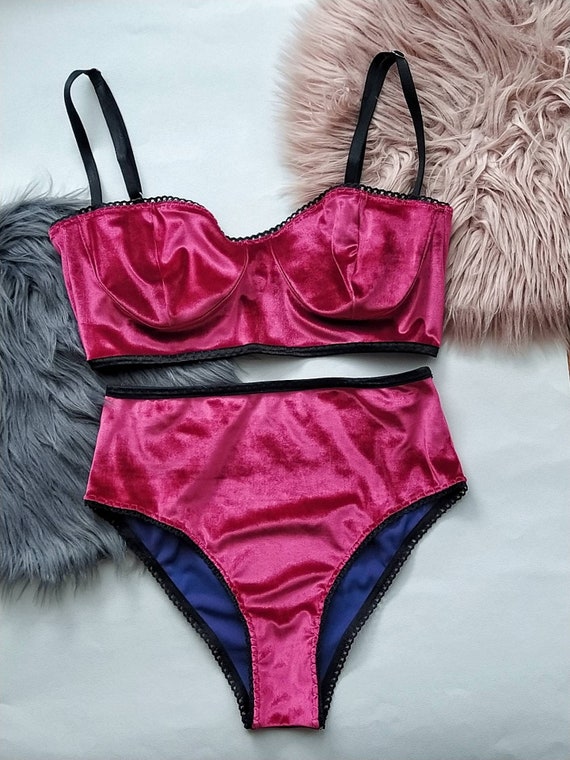 Conjunto de lenceria pin up de terciopelo rosa top balconette retro braguitas de cintura alta estilo anos 50 y 60 ropa interior vintage Etsy Mexico