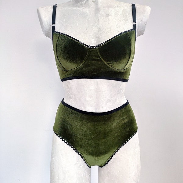 Olive Green Velvet lingerie set, Soft cup Bralette Top, Retro Highwaisted Briefs, Pin up Inspired Underwear