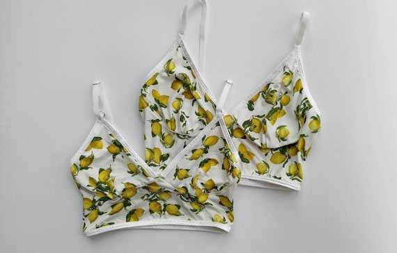 Jersey Cotton Bralette Top, Citrus Print Handmade Underwear, Long
