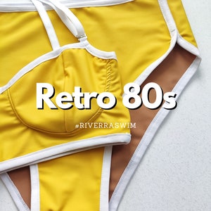 Yellow Pin Up Bikini Set, Crop Balconette Top, Retro Highwaisted Bottoms, 80s style bikini, 1950s Style 1960s, Retro Inspired Swimsuit