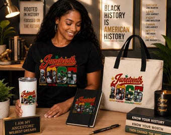 May include: A woman smiles, surrounded by Juneteenth-themed merchandise. Items include a black t-shirt, a tote bag, a tumbler, and a notebook, all featuring the text "Juneteenth 1865" with images of historical figures. A candle and books are also present.