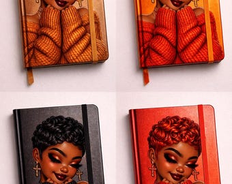 May include: Four notebooks with illustrations of a woman with short curly hair, wearing a sweater and cross earrings. The notebooks are in shades of gold, orange, black, and red, each with a matching elastic band and ribbon bookmark.