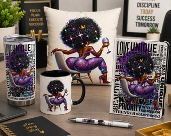 May include: A collection of items featuring a graphic of a person with a large afro wearing a purple outfit and holding a wine glass. The set includes a tumbler, a mug, a pillow, a notebook, and a pen, all decorated with the text LOVE UNIQUE.