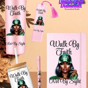 May include: Pink tumbler, bookmark, notebook, pen, and glass with the text "Walk By Faith" and "Not By Sight". Each item features an illustration of a woman wearing a green cap. The items are part of a stationery set.