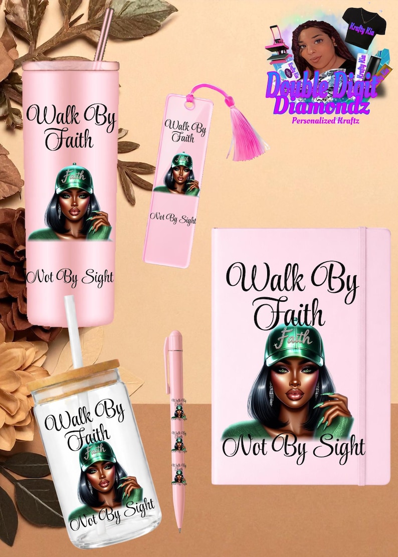 May include: Pink tumbler, bookmark, notebook, pen, and glass with the text "Walk By Faith" and "Not By Sight". Each item features an illustration of a woman wearing a green cap. The items are part of a stationery set.