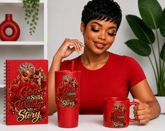 May include: A red spiral-bound notebook, a red tumbler with a straw, and a red mug, each featuring a graphic of a person with short hair, red roses, a cross, and the text "God is Still Writing My Story" in gold and white script lettering.