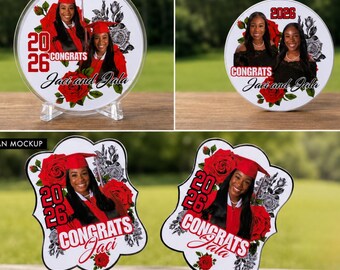 Diseño editable de graduación en Canva (descarga digital): botones, estolas, abanicos, pegatinas para tazas y más.