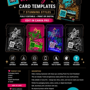 May include: A digital product listing for seven editable thank you card templates in Canva Pro. The image displays various card designs featuring text, QR codes, and decorative elements inside open black, pink, and purple gift boxes.