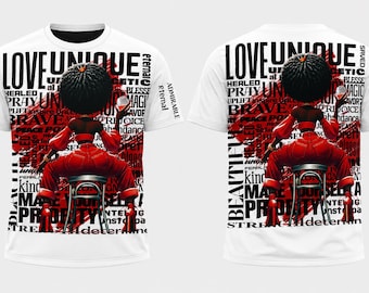 May include: A white t-shirt featuring a graphic print of a person with an afro hairstyle sitting on a stool, wearing red clothing and holding a glass. The background includes red brushstrokes and black text including words like LOVE, UNIQUE, BRAVE, and HEALED.