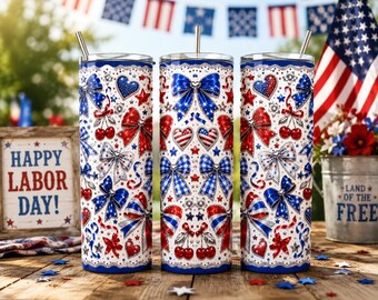 May include: Three cylindrical tumblers with metal straws featuring a repeating pattern of red, white, and blue bows, hearts, and cherries on a white background. The design includes stars and gingham prints, with a silver glitter-effect border.