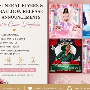 Puede incluir: Un conjunto de plantillas digitales para folletos funerarios y anuncios de suelta de globos, con cuatro dise&ntilde;os personalizables que presentan motivos florales, de nubes y alas de &aacute;ngel. El texto incluye Funeral Flyers & Balloon Release Announcements, 100% Editable In Canva y A4 (21x29,7cm) listo para imprimir.