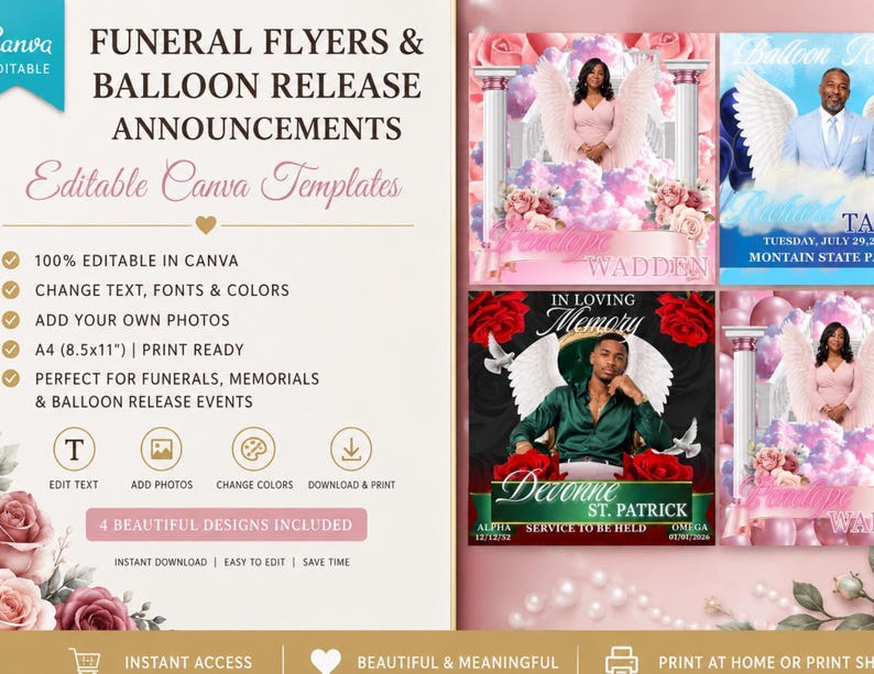 Puede incluir: Un conjunto de plantillas digitales para folletos funerarios y anuncios de suelta de globos, con cuatro dise&ntilde;os personalizables que presentan motivos florales, de nubes y alas de &aacute;ngel. El texto incluye Funeral Flyers & Balloon Release Announcements, 100% Editable In Canva y A4 (21x29,7cm) listo para imprimir.