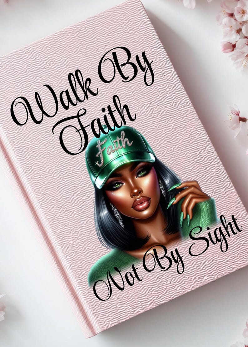 May include: A pink journal with the text "Walk By Faith Not By Sight" in black script. The cover features an illustration of a woman wearing a green cap with the word "Faith" and a green sweater. The woman has dark hair and is wearing earrings.