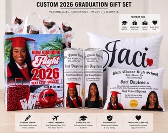 May include: A custom graduation gift set featuring a personalized tote bag, tumblers, and pillows. The set includes a photo of a graduate, the text "Now Boarding Flight 2026," and the graduate's name. The set is designed to celebrate the graduate's achievement.