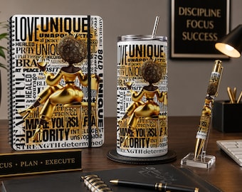 May include: A spiral-bound notebook, a cylindrical tumbler with a metal straw, and a gold-toned pen, all featuring a graphic print of a person with an afro hairstyle sitting on a chair against a background of black and gold motivational text.