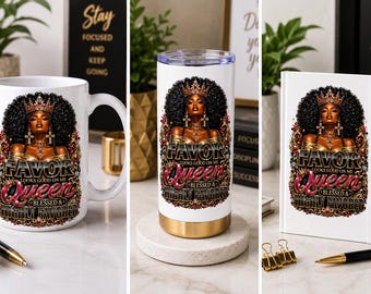May include: A white ceramic mug, a white metal tumbler with a gold base, and a white notebook, each featuring a graphic of a Black woman wearing a crown with the text "FAVOR LOOKS GOOD ON ME QUEEN BLESSED & HIGHLY FAVORED" in gold and pink lettering.
