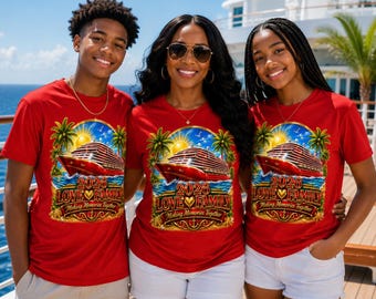 May include: Three people wearing red t-shirts with a cruise ship graphic. The shirts have the text "2026 LOVE FAMILY Making Memories Together" printed on them. The background shows a cruise ship and the ocean.