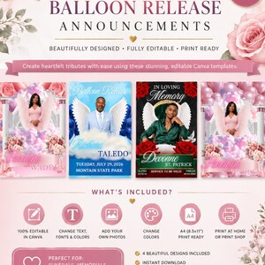 Puede incluir: Un conjunto de plantillas digitales para folletos funerarios y anuncios de suelta de globos, con cuatro dise&ntilde;os distintos con detalles florales, alas de &aacute;ngel y campos de texto editables. Incluye iconos para edici&oacute;n, impresi&oacute;n y personalizaci&oacute;n de color.