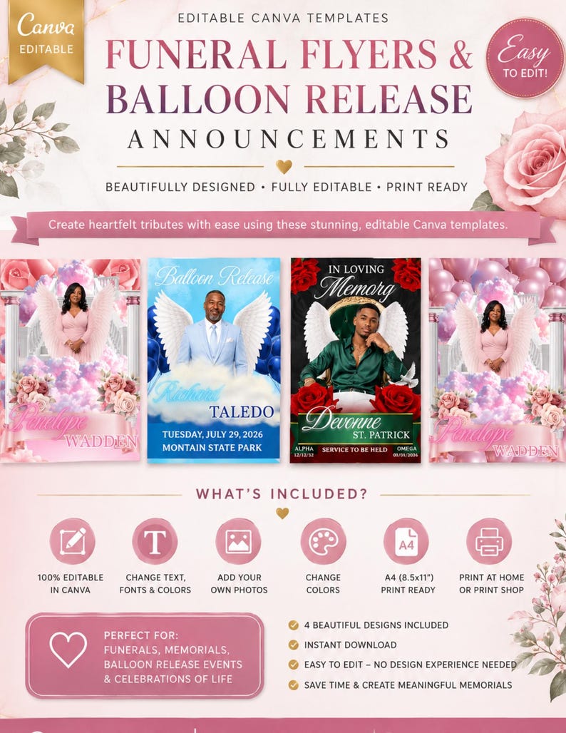 Puede incluir: Un conjunto de plantillas digitales para folletos funerarios y anuncios de suelta de globos, con cuatro dise&ntilde;os distintos con detalles florales, alas de &aacute;ngel y campos de texto editables. Incluye iconos para edici&oacute;n, impresi&oacute;n y personalizaci&oacute;n de color.