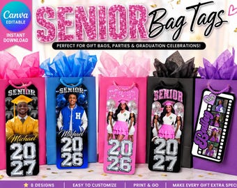 Diseño editable de graduación en Canva (descarga digital). Pestaña para colgar en bolsa de regalo.