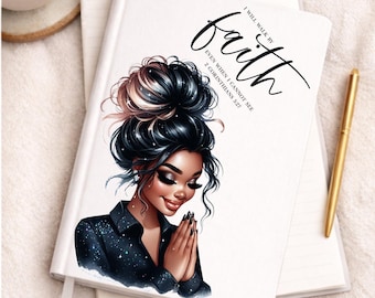May include: A white journal with the words "I will walk by faith" and "Even when I cannot see" printed on the cover. The journal features an illustration of a woman with her hands clasped in prayer. A gold pen rests on the side.