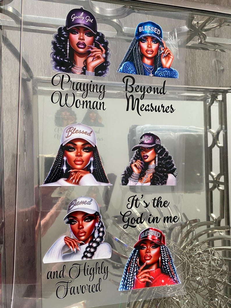 May include: A collection of stickers featuring illustrations of women wearing baseball caps with the words "Godly Girl", "Blessed", and "Praying Woman". The stickers also include the phrases "Beyond Measures", "It's the God in me", and "and Highly Favored".
