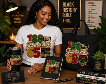May include: A woman is smiling, surrounded by merchandise with a Juneteenth theme. Items include a white t-shirt, a black tote bag, a tumbler, a notebook, and a sign. The designs feature the numbers "188" and "65" with the words "Juneteenth", "History", "Culture", "Excellence", and "Respect".