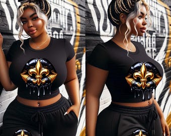 Paquete de labios goteando en negro y dorado de los Saints, Nueva Orleans png, colores de los Saints png Diseño digital,